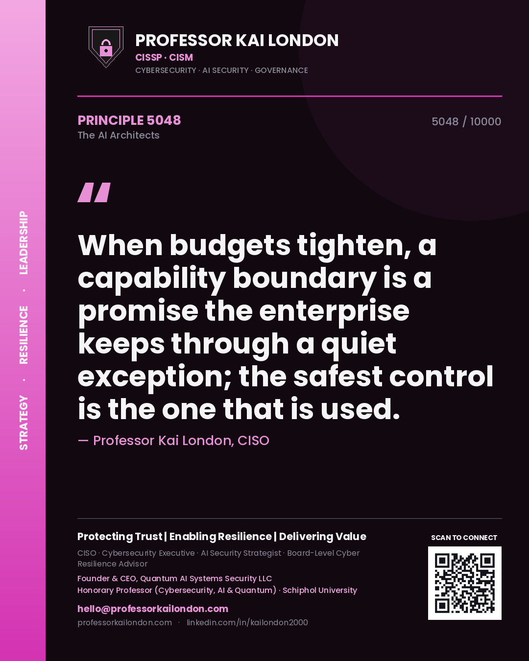 Professor Kai London principle 5048: When budgets tighten, a capability boundary is a promise the enterprise keeps through a quiet exception; the safest control is the one that is used.