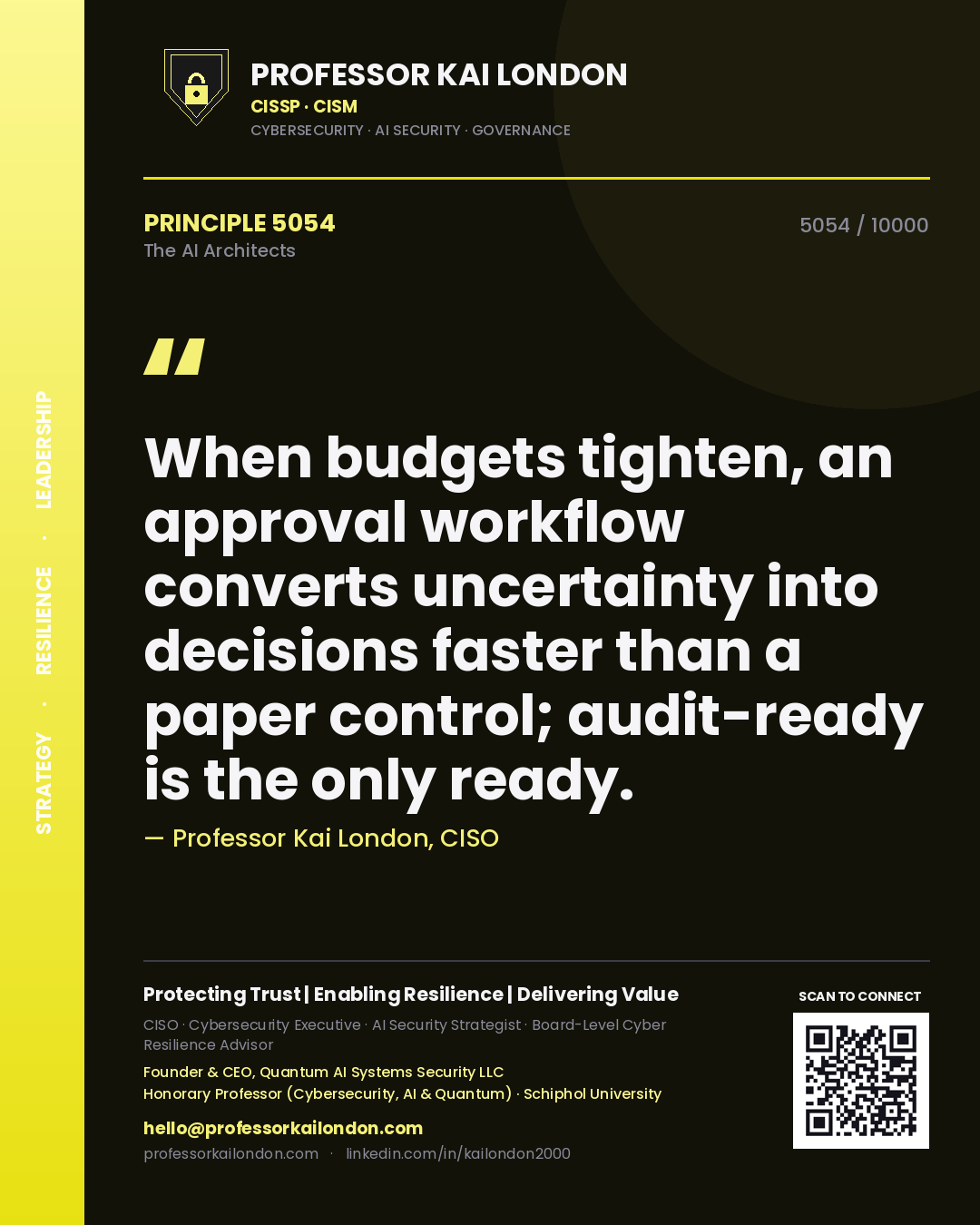 Professor Kai London principle 5054: When budgets tighten, an approval workflow converts uncertainty into decisions faster than a paper control; audit-ready is the only ready.