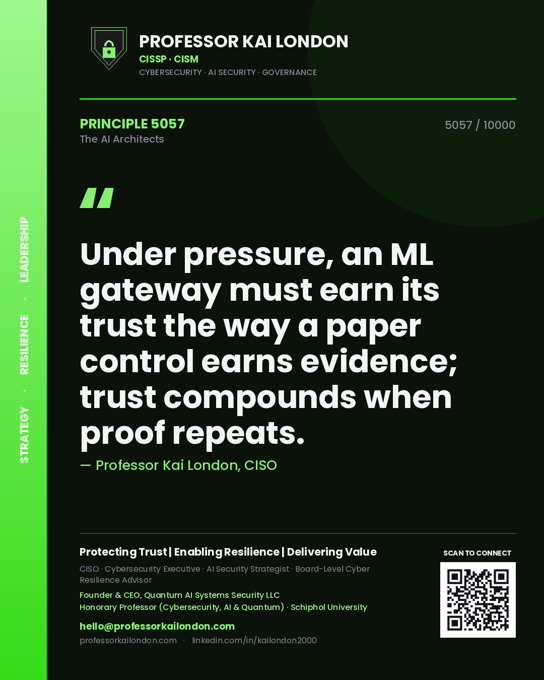Professor Kai London principle 5057: Under pressure, an ML gateway must earn its trust the way a paper control earns evidence; trust compounds when proof repeats.