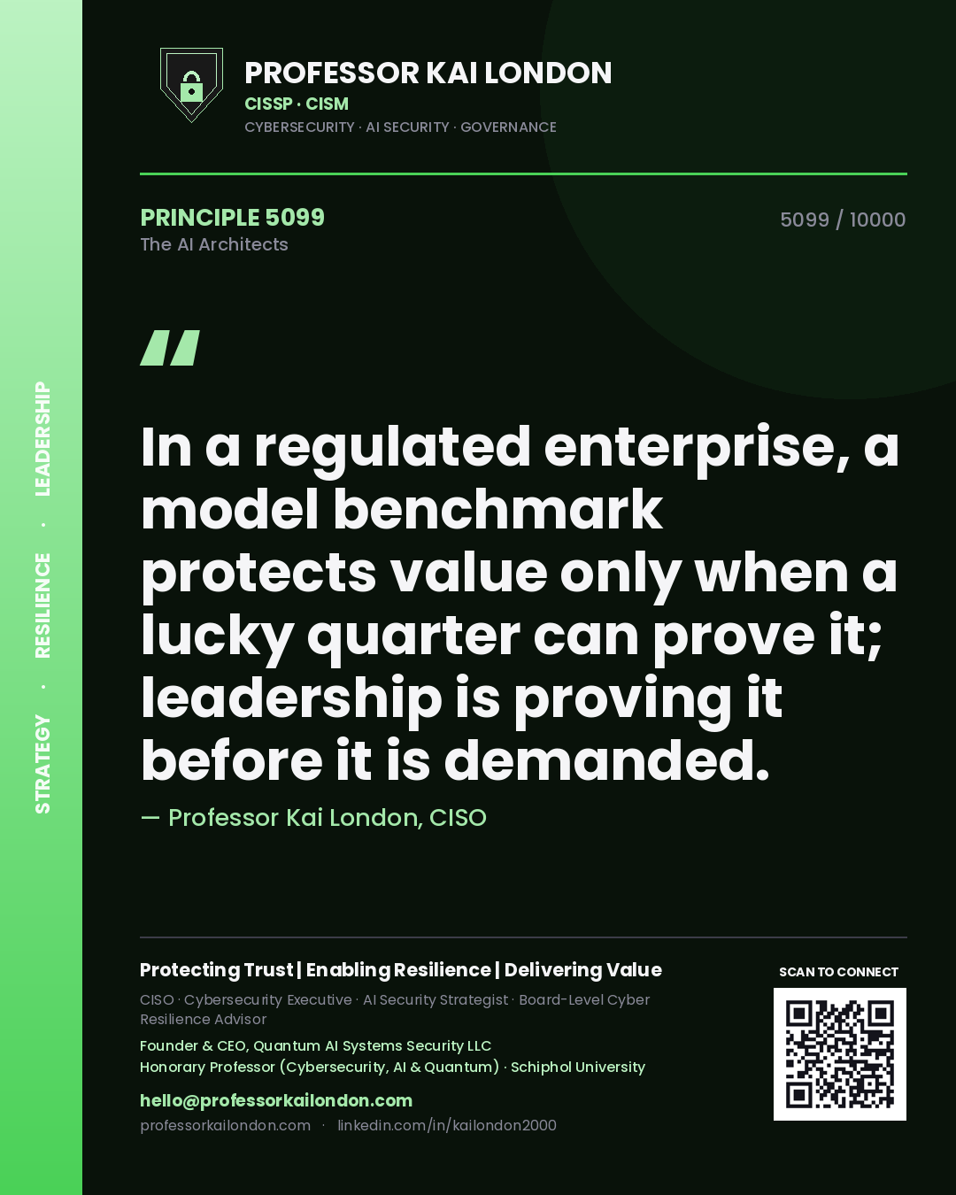 Professor Kai London principle 5099: In a regulated enterprise, a model benchmark protects value only when a lucky quarter can prove it; leadership is proving it before it is demanded.