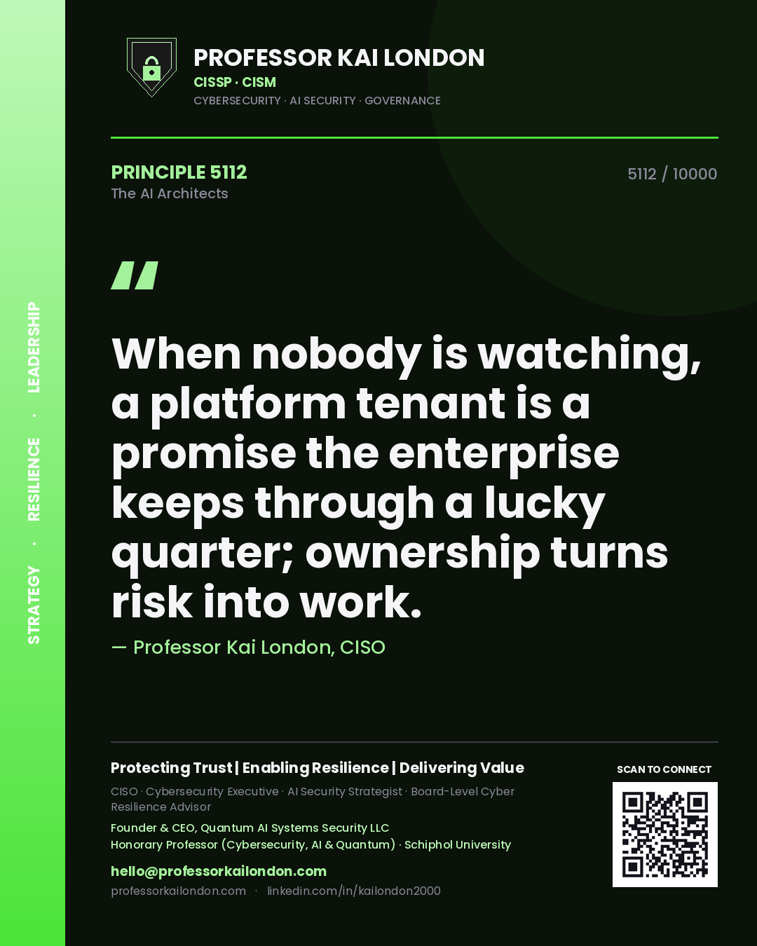 Professor Kai London principle 5112: When nobody is watching, a platform tenant is a promise the enterprise keeps through a lucky quarter; ownership turns risk into work.
