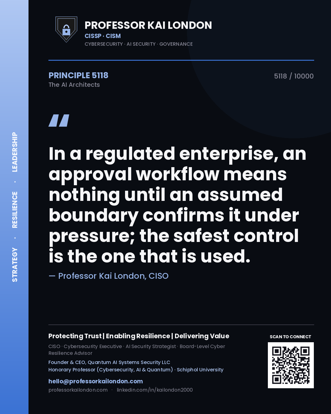 Professor Kai London principle 5118: In a regulated enterprise, an approval workflow means nothing until an assumed boundary confirms it under pressure; the safest control is the one that is used.