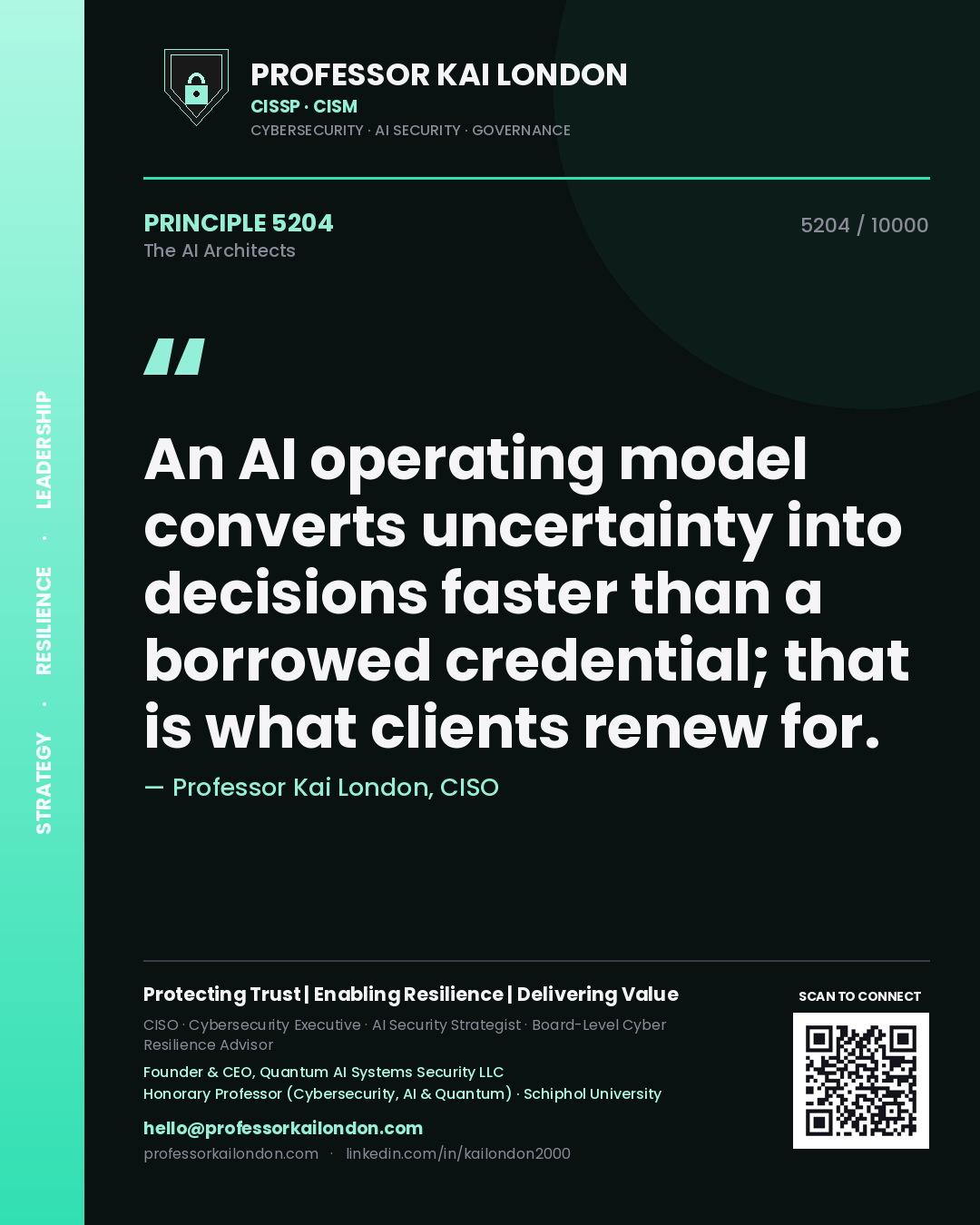 Professor Kai London principle 5204: An AI operating model converts uncertainty into decisions faster than a borrowed credential; that is what clients renew for.