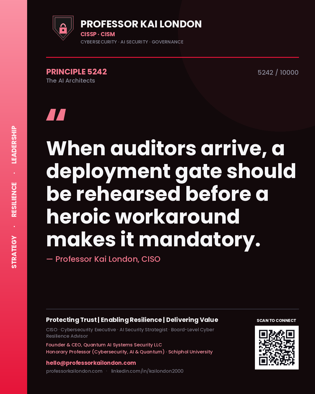 Professor Kai London principle 5242: When auditors arrive, a deployment gate should be rehearsed before a heroic workaround makes it mandatory.