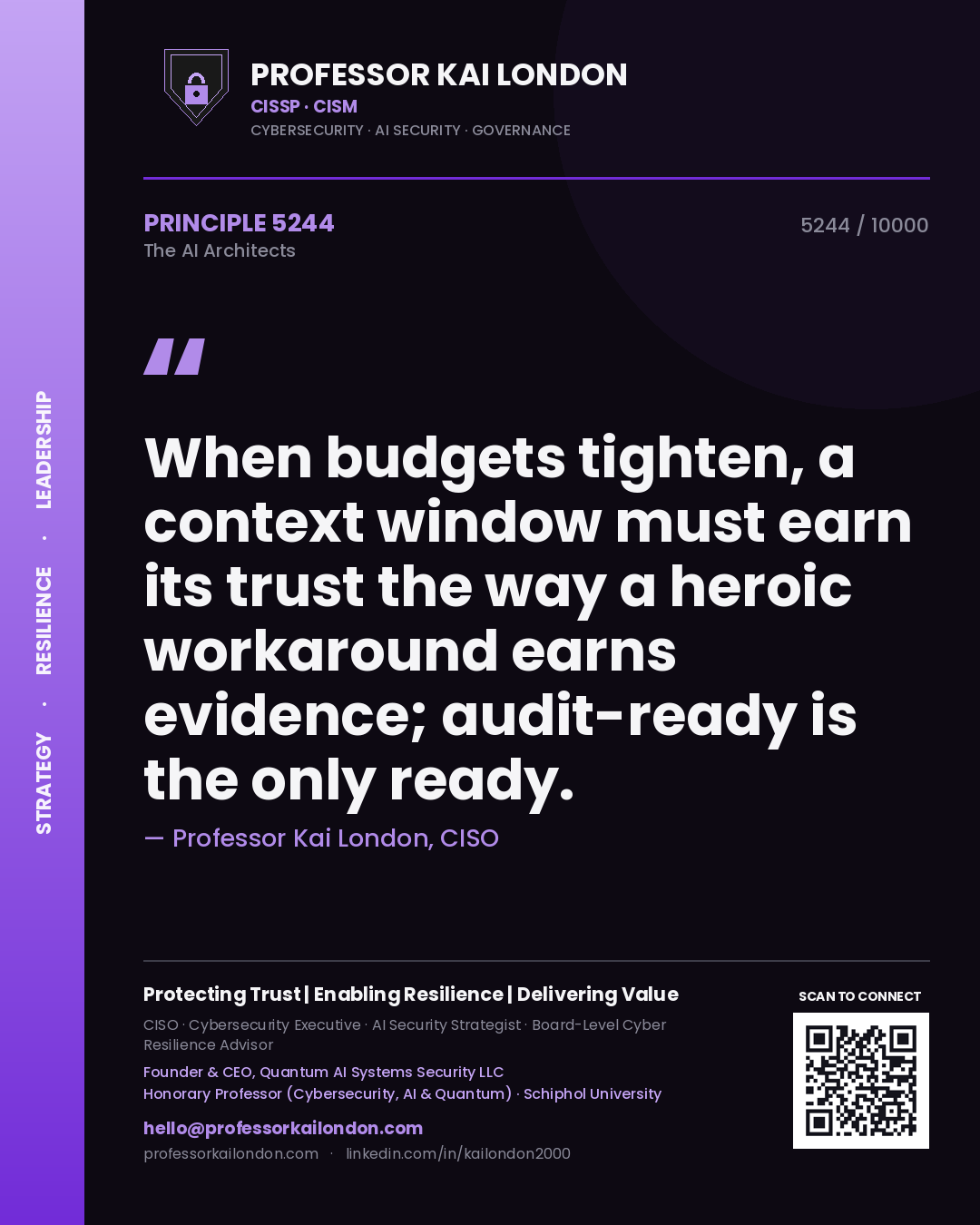 Professor Kai London principle 5244: When budgets tighten, a context window must earn its trust the way a heroic workaround earns evidence; audit-ready is the only ready.