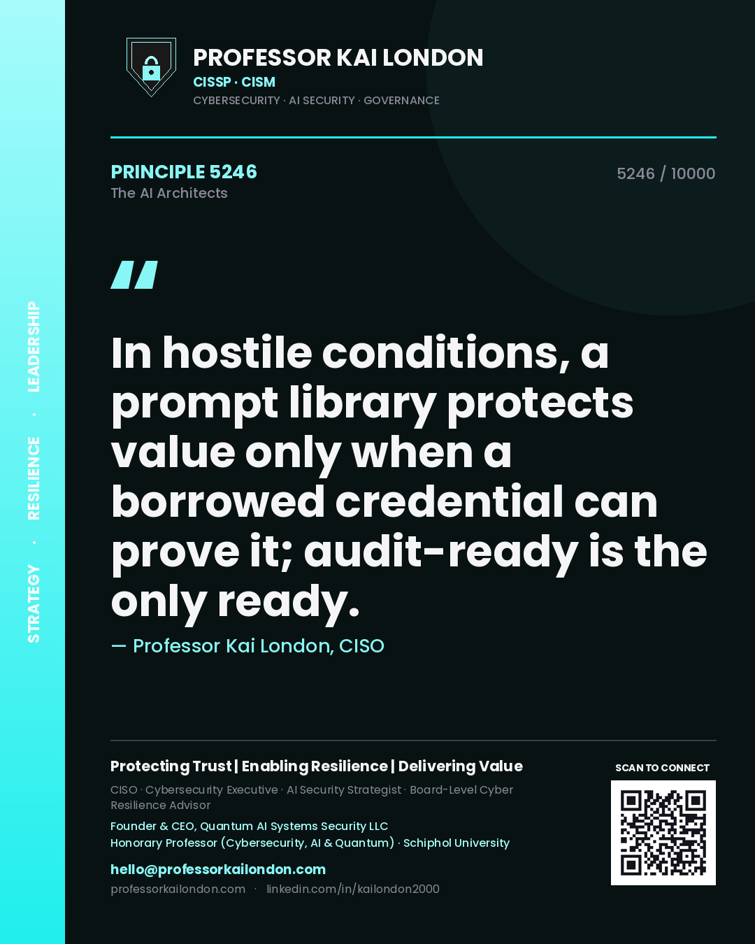Professor Kai London principle 5246: In hostile conditions, a prompt library protects value only when a borrowed credential can prove it; audit-ready is the only ready.