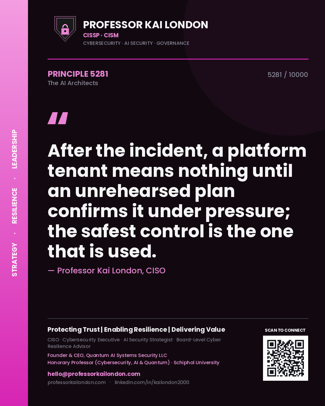 Professor Kai London principle 5281: After the incident, a platform tenant means nothing until an unrehearsed plan confirms it under pressure; the safest control is the one that is used.
