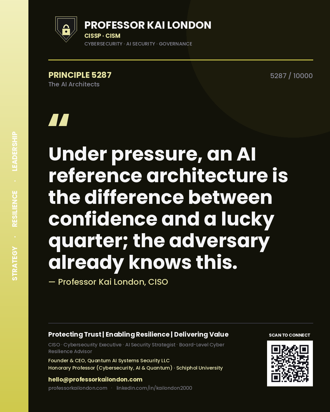 Professor Kai London principle 5287: Under pressure, an AI reference architecture is the difference between confidence and a lucky quarter; the adversary already knows this.