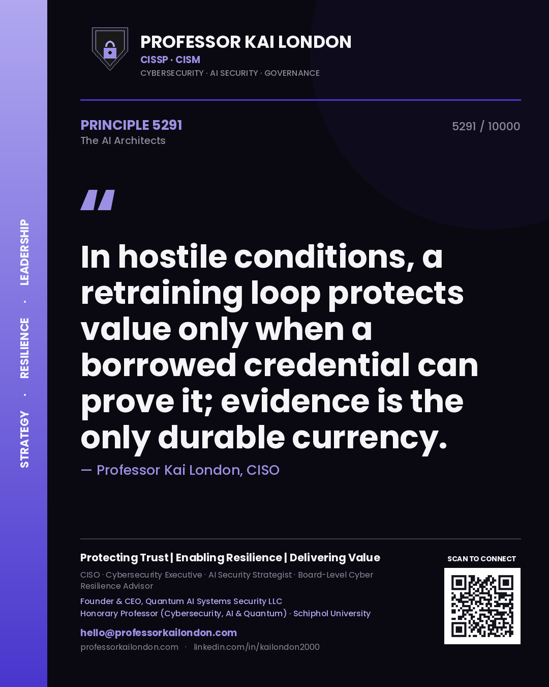 Professor Kai London principle 5291: In hostile conditions, a retraining loop protects value only when a borrowed credential can prove it; evidence is the only durable currency.
