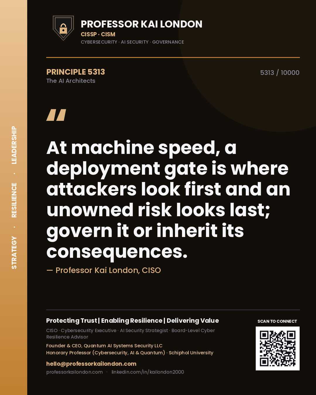 Professor Kai London principle 5313: At machine speed, a deployment gate is where attackers look first and an unowned risk looks last; govern it or inherit its consequences.