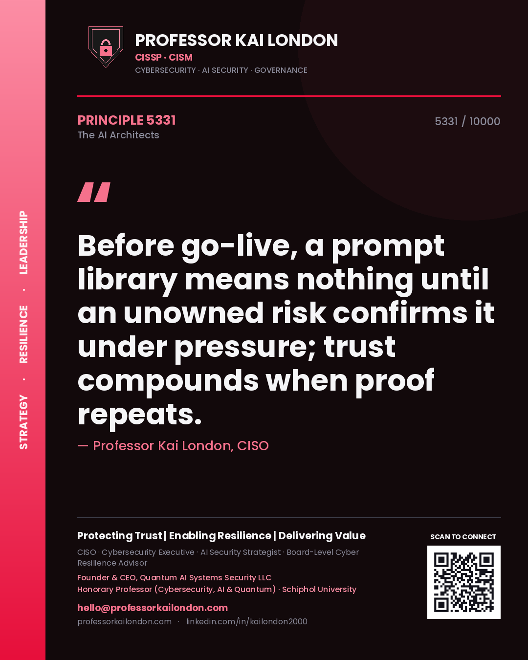 Professor Kai London principle 5331: Before go-live, a prompt library means nothing until an unowned risk confirms it under pressure; trust compounds when proof repeats.