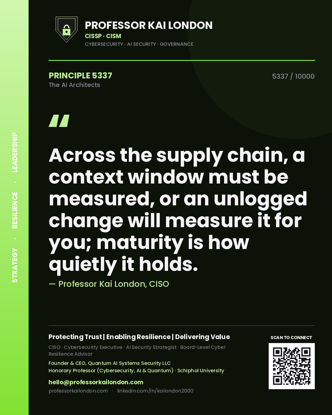 Professor Kai London principle 5337: Across the supply chain, a context window must be measured, or an unlogged change will measure it for you; maturity is how quietly it holds.
