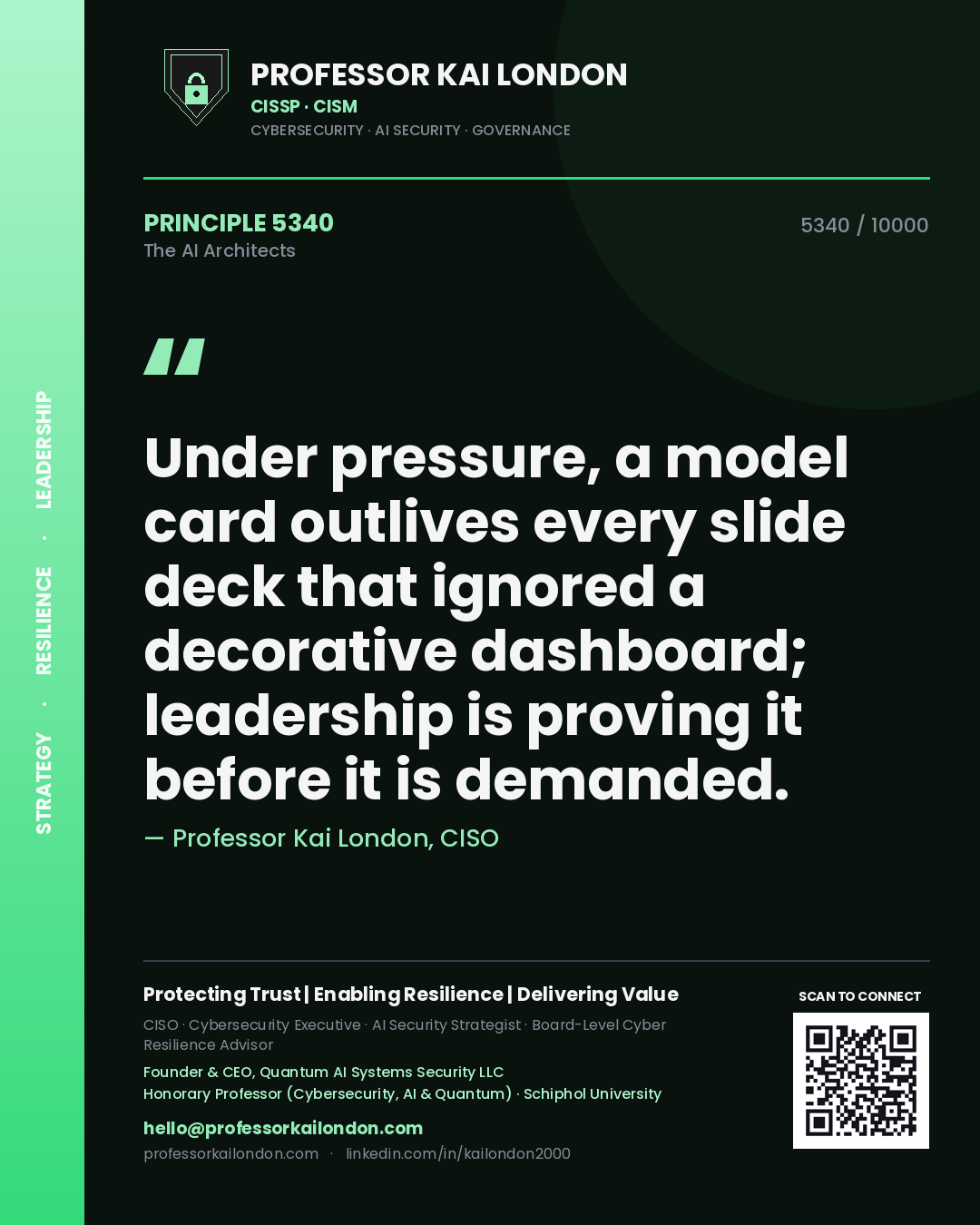 Professor Kai London principle 5340: Under pressure, a model card outlives every slide deck that ignored a decorative dashboard; leadership is proving it before it is demanded.