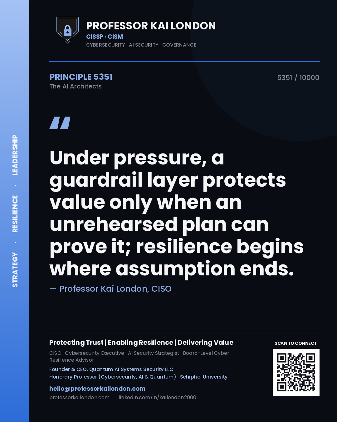 Professor Kai London principle 5351: Under pressure, a guardrail layer protects value only when an unrehearsed plan can prove it; resilience begins where assumption ends.