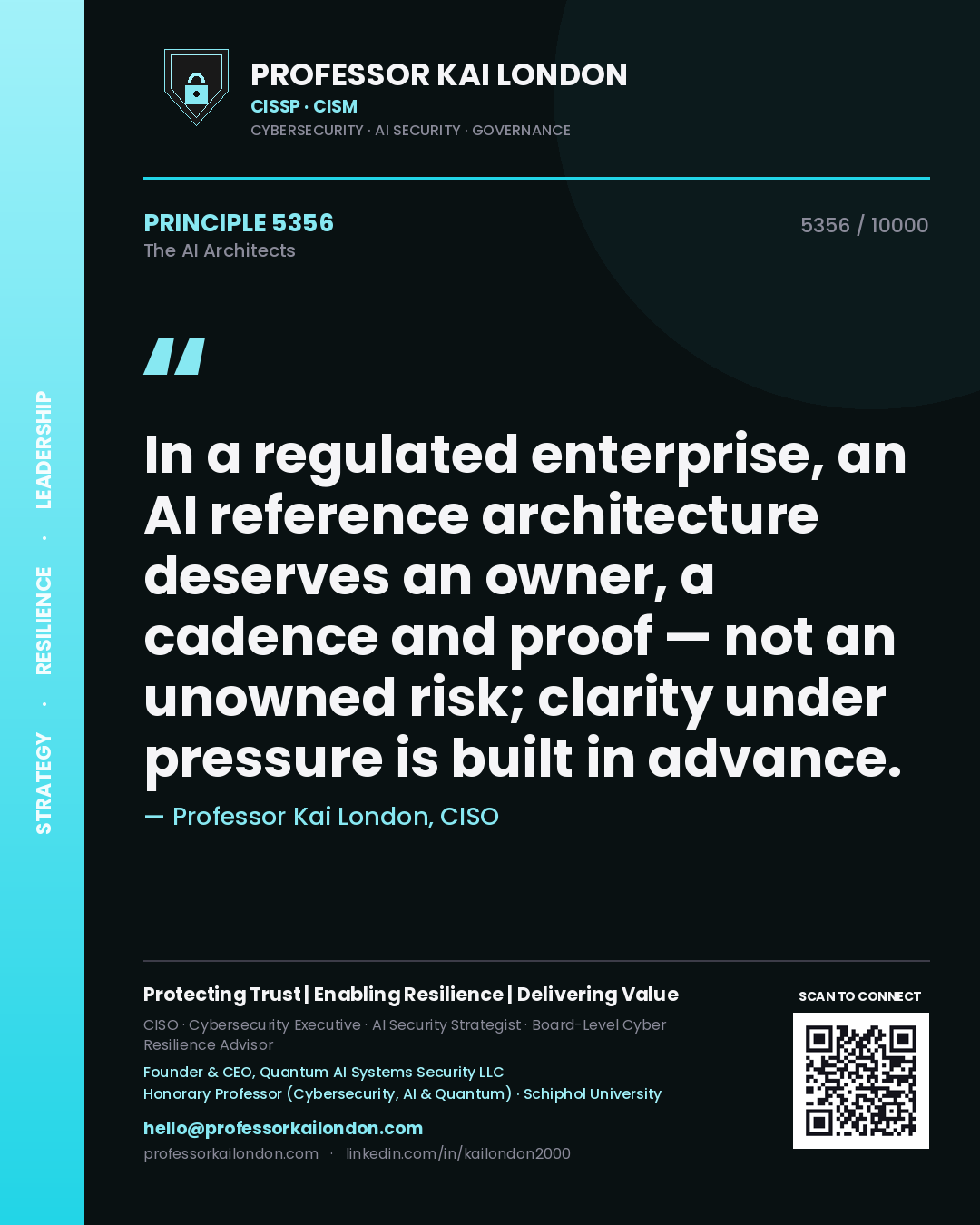Professor Kai London principle 5356: In a regulated enterprise, an AI reference architecture deserves an owner, a cadence and proof — not an unowned risk; clarity under pressure is built in advance.