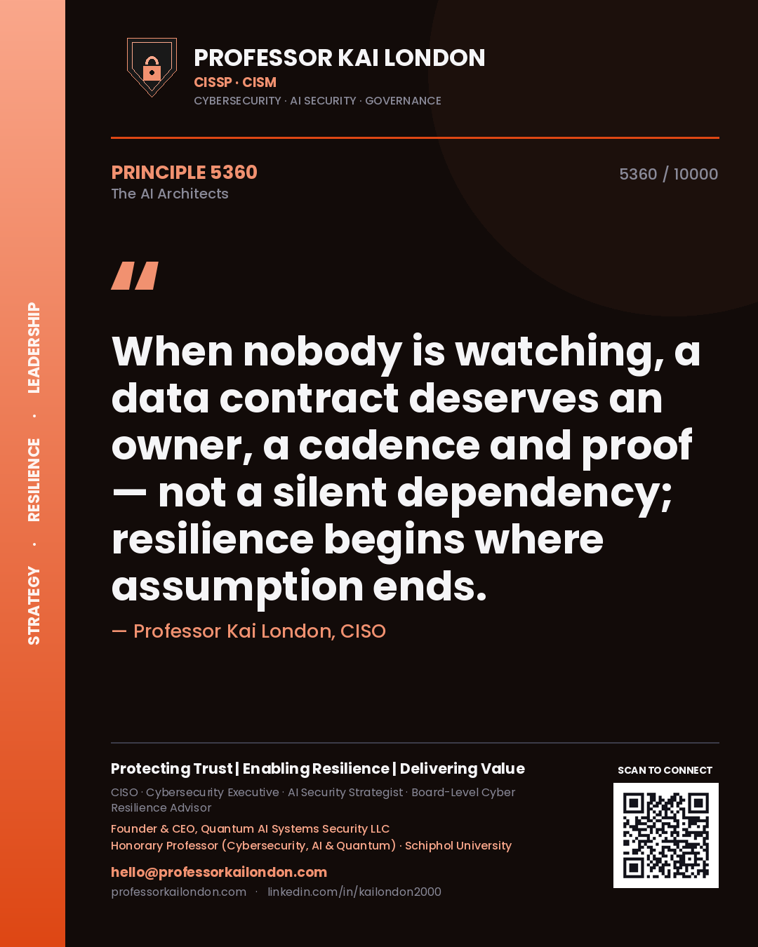 Professor Kai London principle 5360: When nobody is watching, a data contract deserves an owner, a cadence and proof — not a silent dependency; resilience begins where assumption ends.