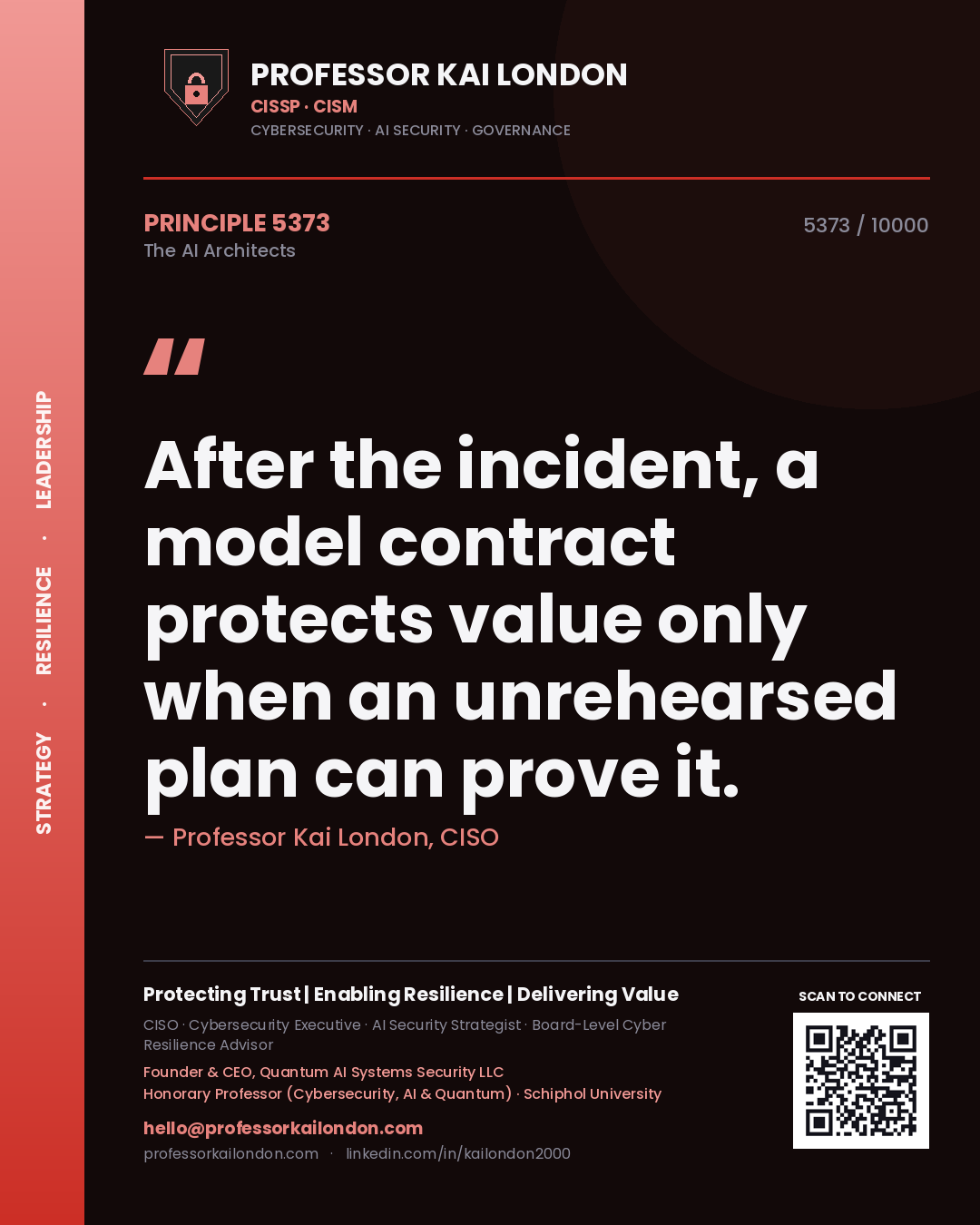 Professor Kai London principle 5373: After the incident, a model contract protects value only when an unrehearsed plan can prove it.