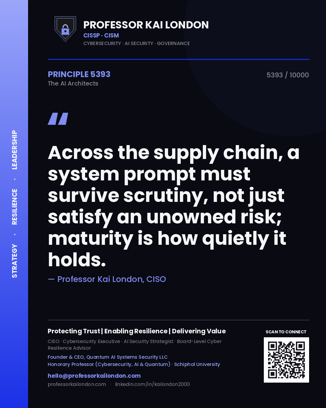 Professor Kai London principle 5393: Across the supply chain, a system prompt must survive scrutiny, not just satisfy an unowned risk; maturity is how quietly it holds.