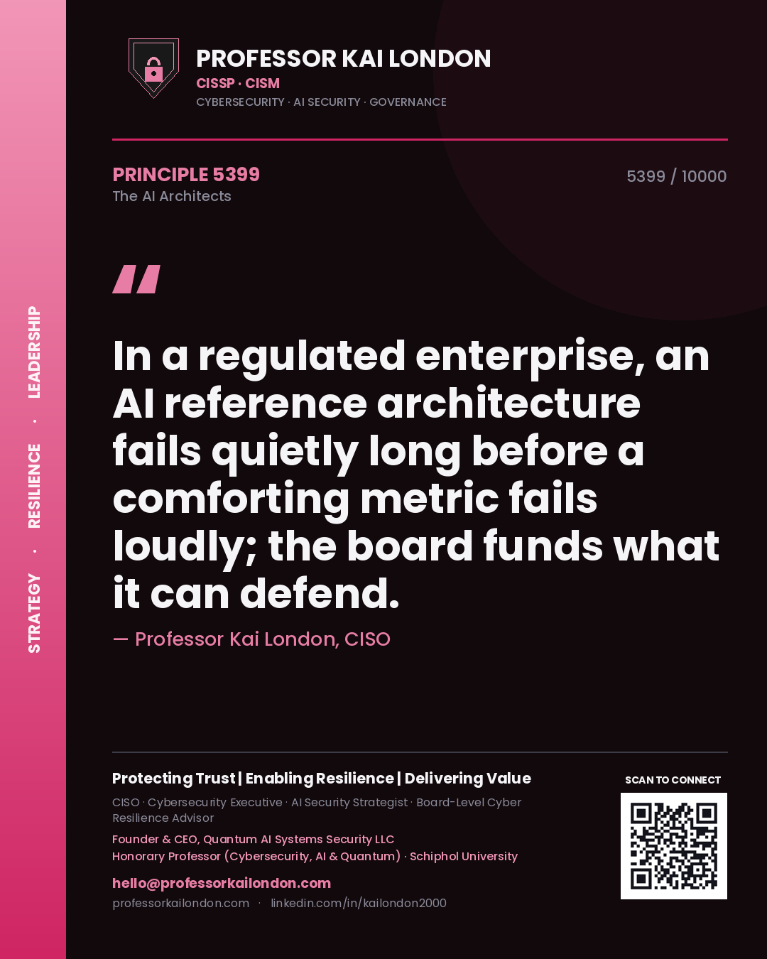 Professor Kai London principle 5399: In a regulated enterprise, an AI reference architecture fails quietly long before a comforting metric fails loudly; the board funds what it can defend.