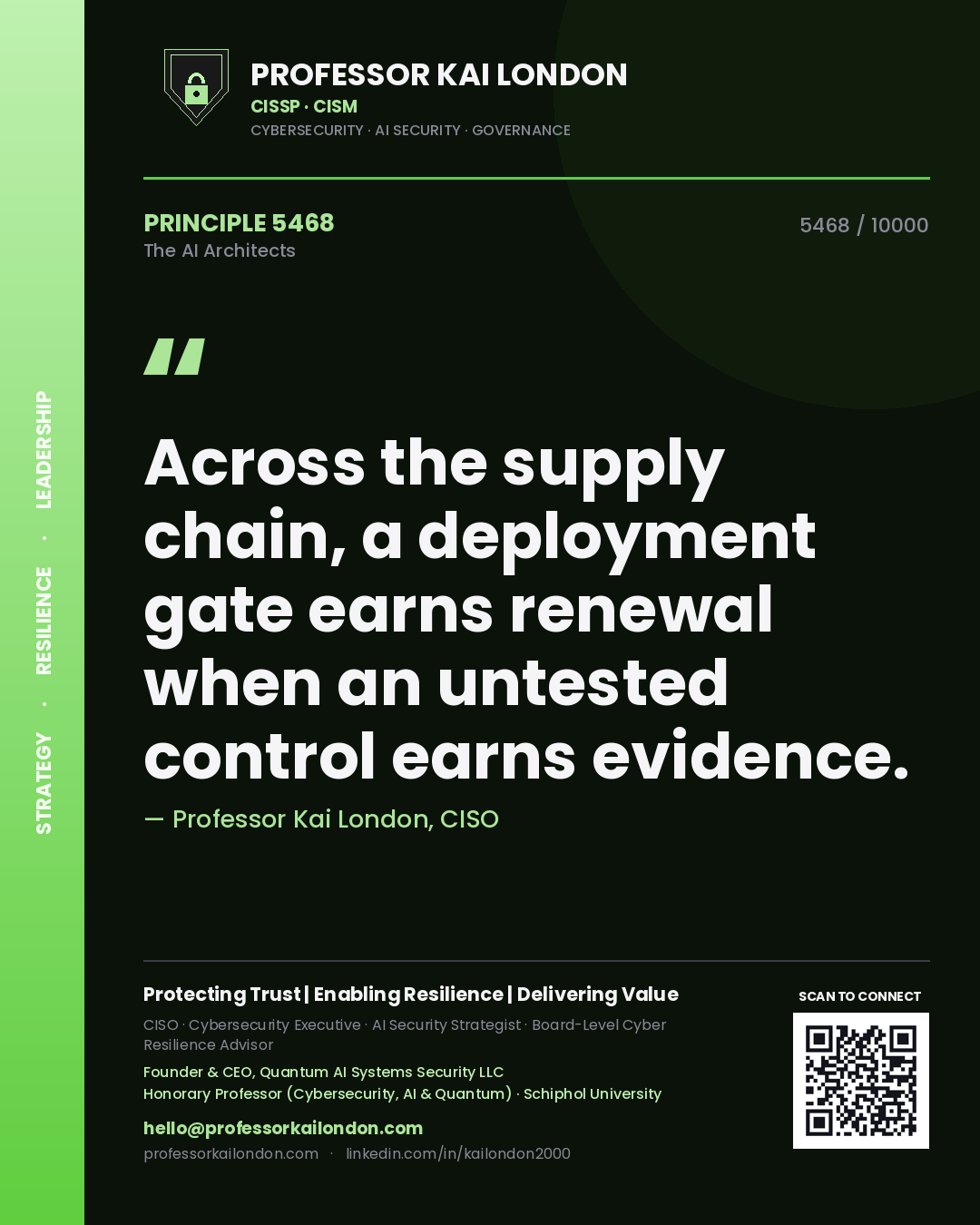 Professor Kai London principle 5468: Across the supply chain, a deployment gate earns renewal when an untested control earns evidence.
