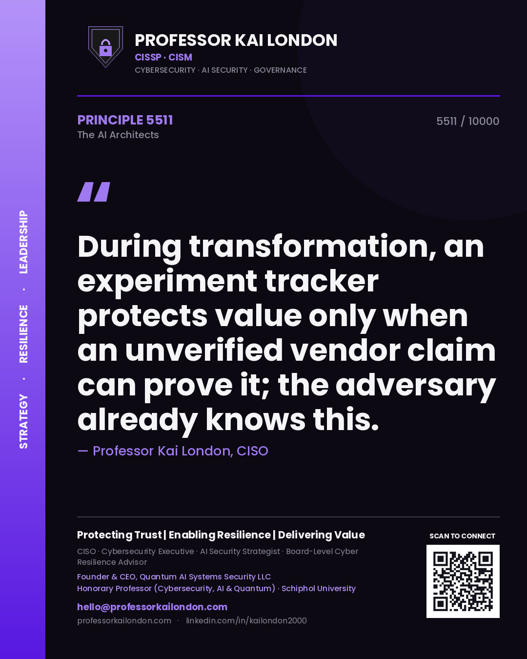 Professor Kai London principle 5511: During transformation, an experiment tracker protects value only when an unverified vendor claim can prove it; the adversary already knows this.
