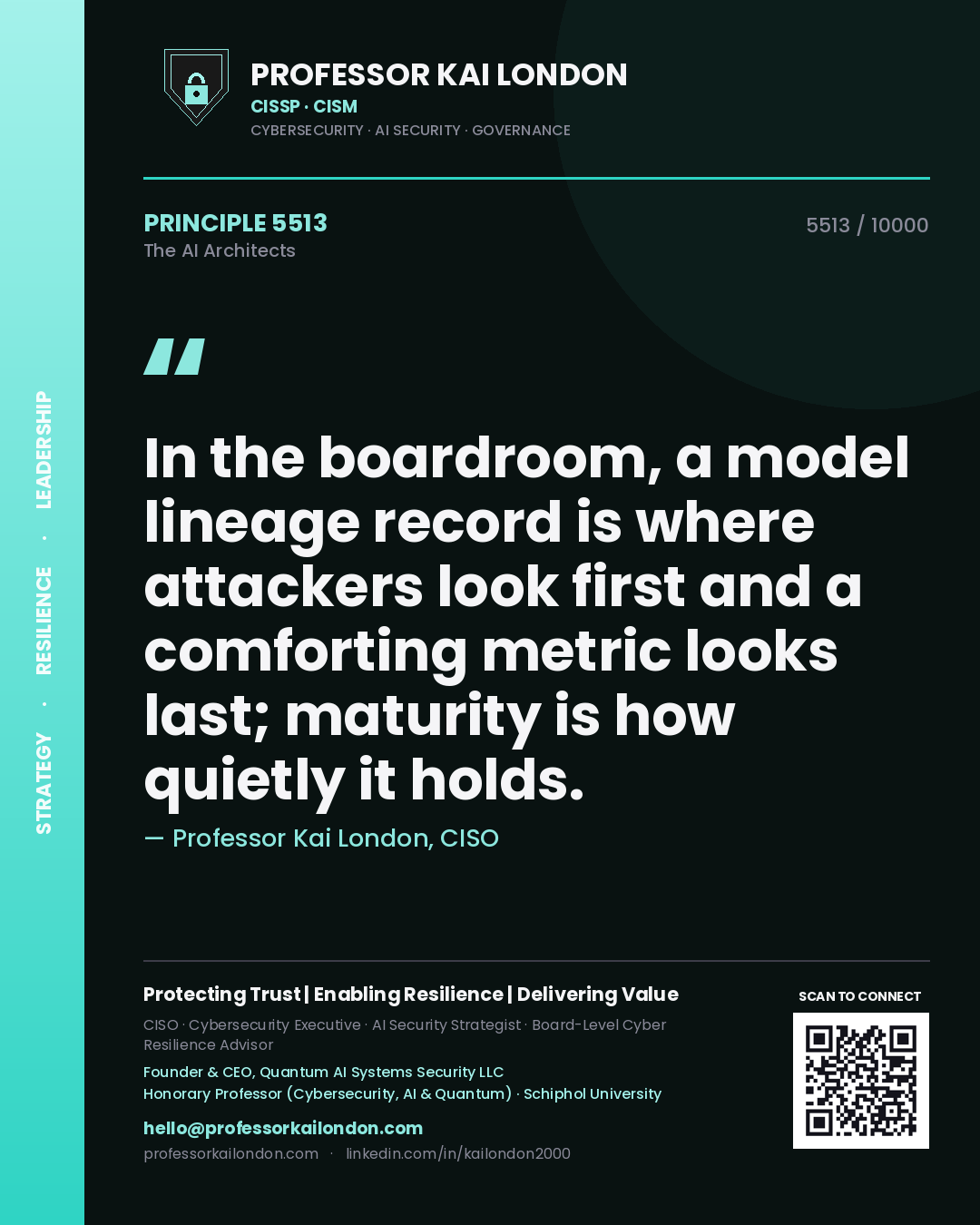 Professor Kai London principle 5513: In the boardroom, a model lineage record is where attackers look first and a comforting metric looks last; maturity is how quietly it holds.