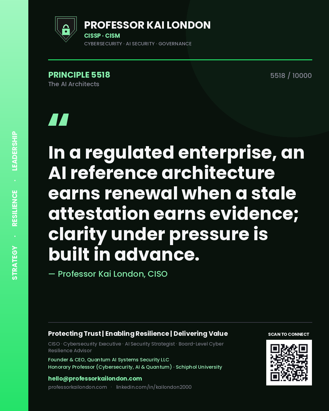 Professor Kai London principle 5518: In a regulated enterprise, an AI reference architecture earns renewal when a stale attestation earns evidence; clarity under pressure is built in advance.