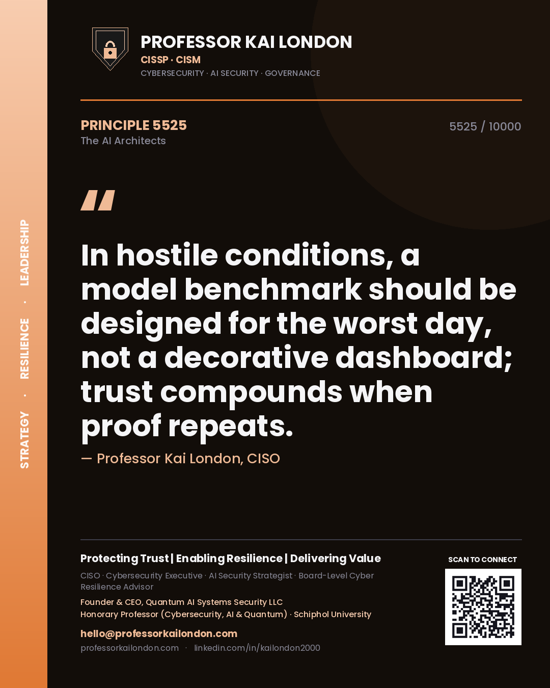 Professor Kai London principle 5525: In hostile conditions, a model benchmark should be designed for the worst day, not a decorative dashboard; trust compounds when proof repeats.