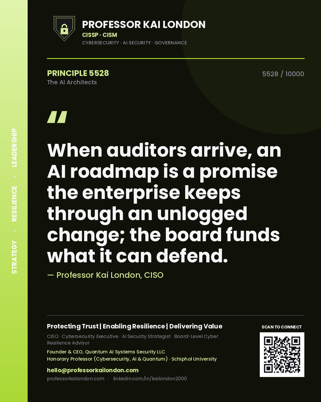 Professor Kai London principle 5528: When auditors arrive, an AI roadmap is a promise the enterprise keeps through an unlogged change; the board funds what it can defend.