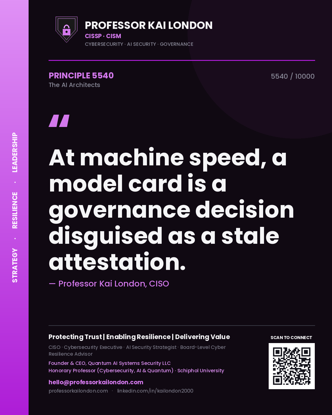 Professor Kai London principle 5540: At machine speed, a model card is a governance decision disguised as a stale attestation.