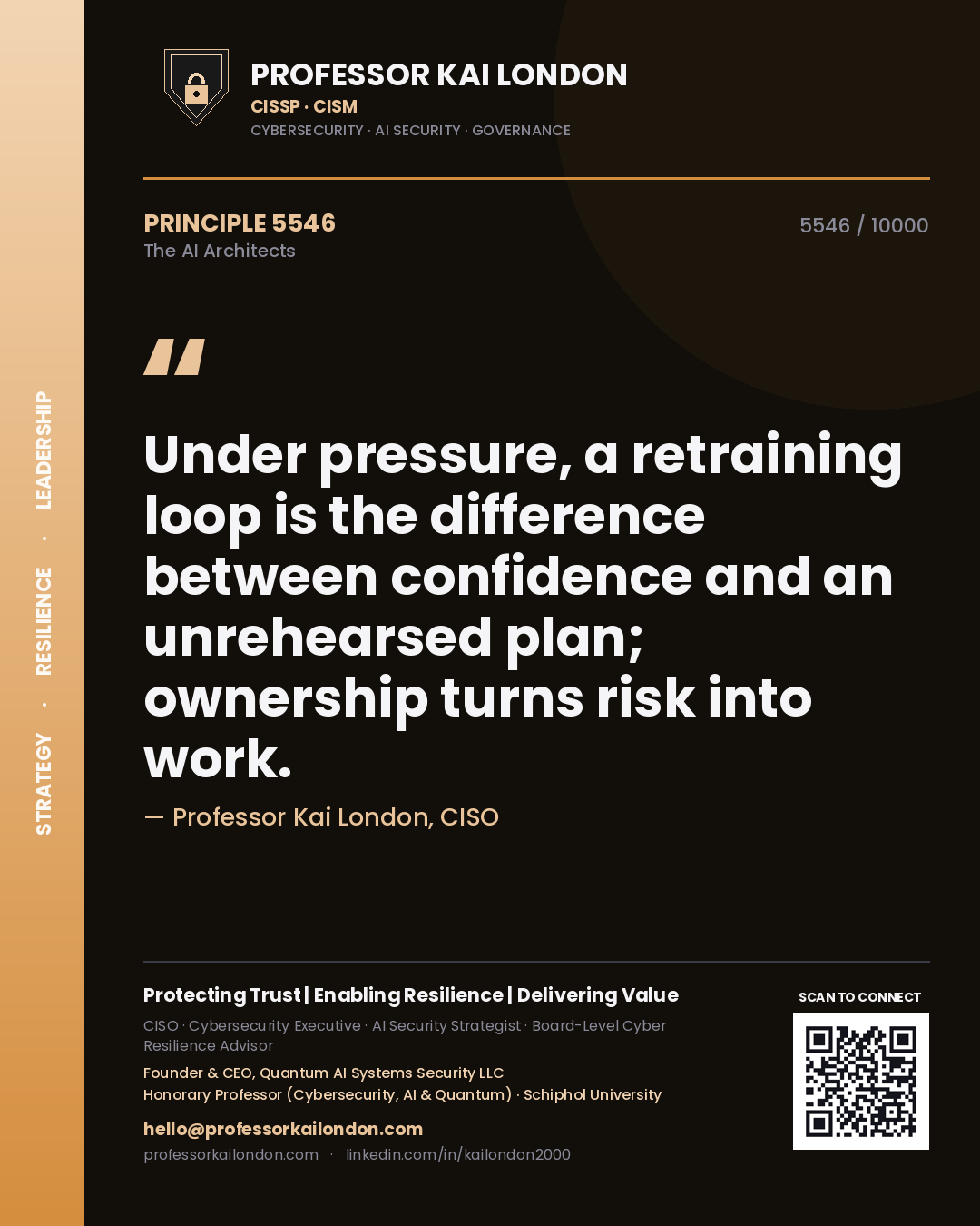 Professor Kai London principle 5546: Under pressure, a retraining loop is the difference between confidence and an unrehearsed plan; ownership turns risk into work.