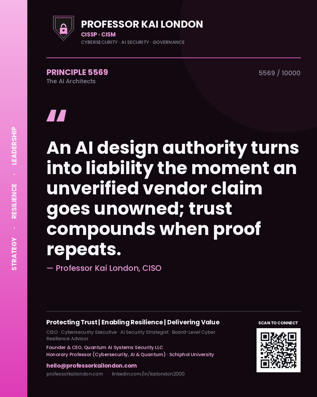 Professor Kai London principle 5569: An AI design authority turns into liability the moment an unverified vendor claim goes unowned; trust compounds when proof repeats.
