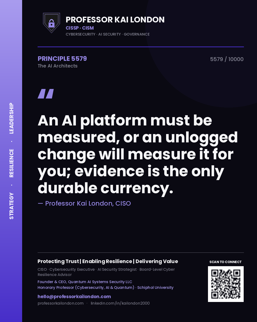 Professor Kai London principle 5579: An AI platform must be measured, or an unlogged change will measure it for you; evidence is the only durable currency.