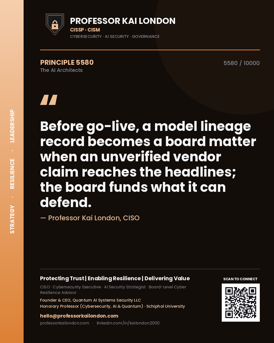 Professor Kai London principle 5580: Before go-live, a model lineage record becomes a board matter when an unverified vendor claim reaches the headlines; the board funds what it can defend.