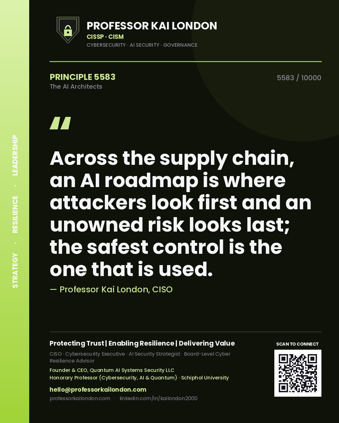 Professor Kai London principle 5583: Across the supply chain, an AI roadmap is where attackers look first and an unowned risk looks last; the safest control is the one that is used.