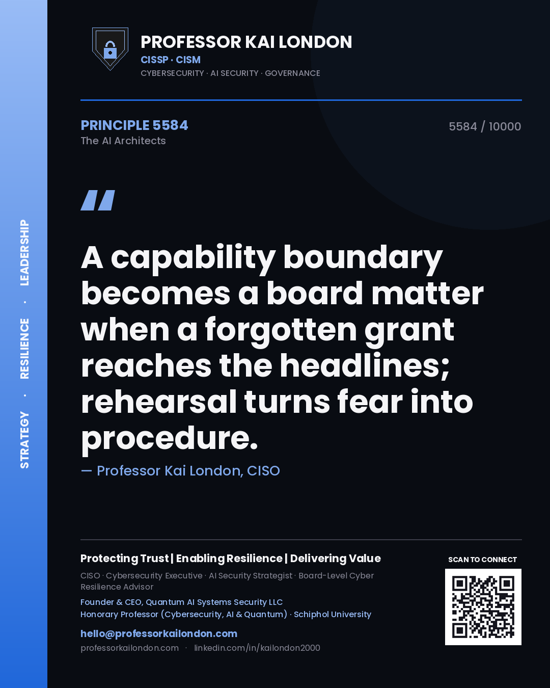 Professor Kai London principle 5584: A capability boundary becomes a board matter when a forgotten grant reaches the headlines; rehearsal turns fear into procedure.