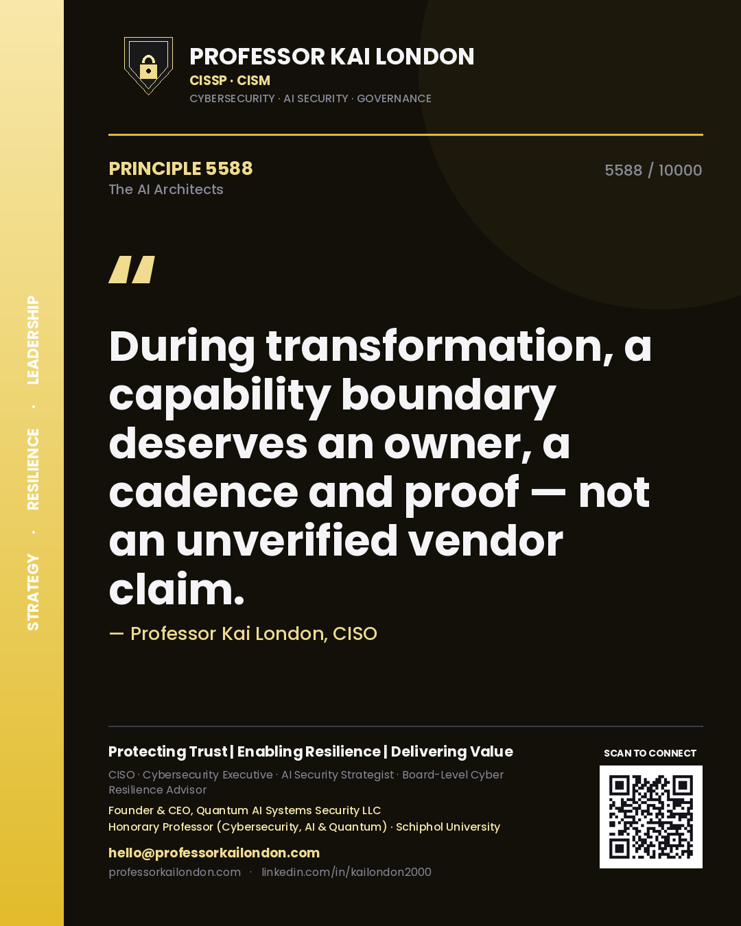Professor Kai London principle 5588: During transformation, a capability boundary deserves an owner, a cadence and proof — not an unverified vendor claim.