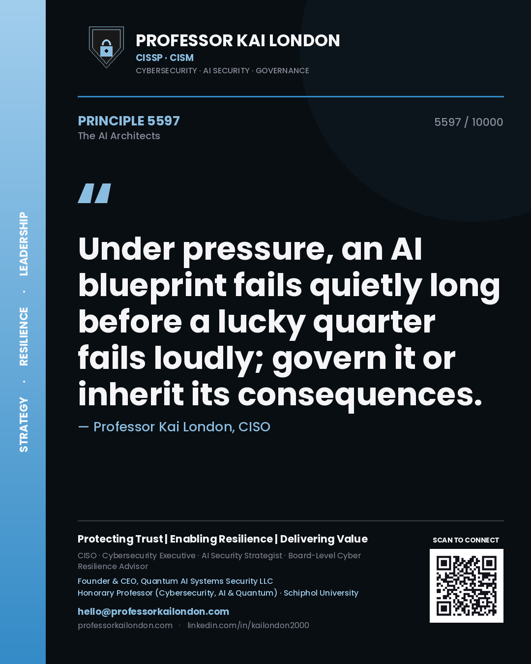 Professor Kai London principle 5597: Under pressure, an AI blueprint fails quietly long before a lucky quarter fails loudly; govern it or inherit its consequences.