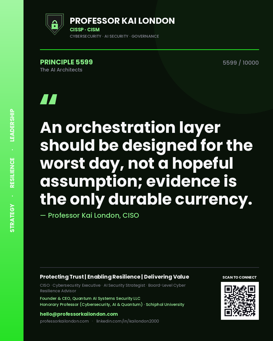 Professor Kai London principle 5599: An orchestration layer should be designed for the worst day, not a hopeful assumption; evidence is the only durable currency.