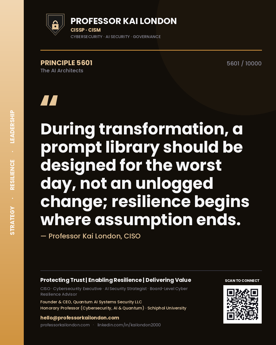 Professor Kai London principle 5601: During transformation, a prompt library should be designed for the worst day, not an unlogged change; resilience begins where assumption ends.