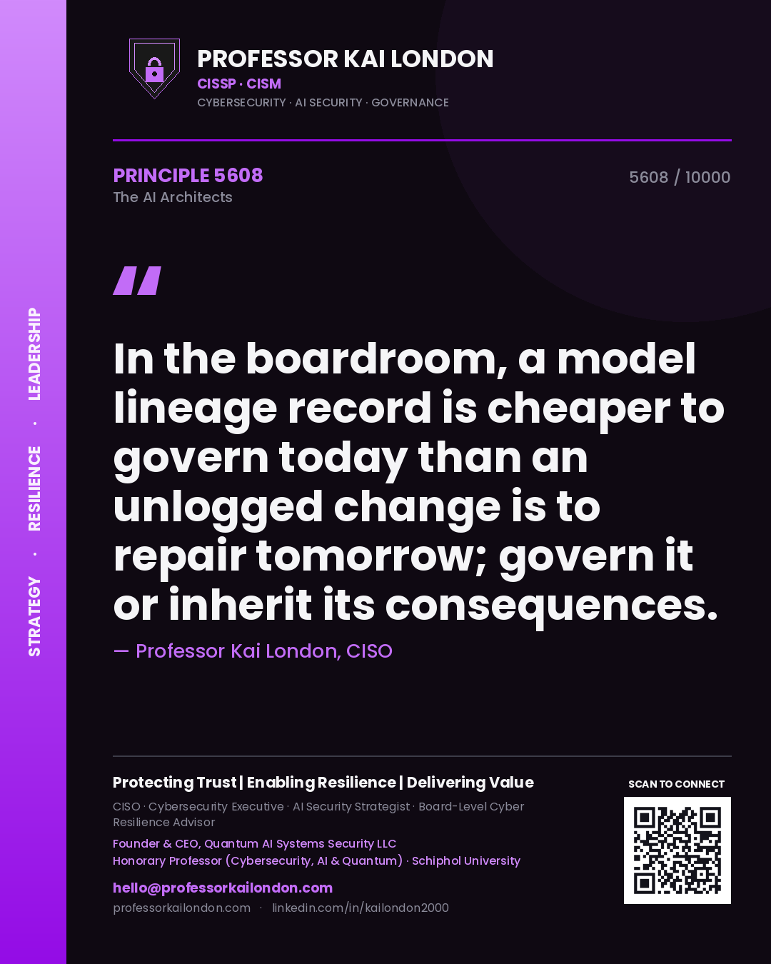 Professor Kai London principle 5608: In the boardroom, a model lineage record is cheaper to govern today than an unlogged change is to repair tomorrow; govern it or inherit its consequences.