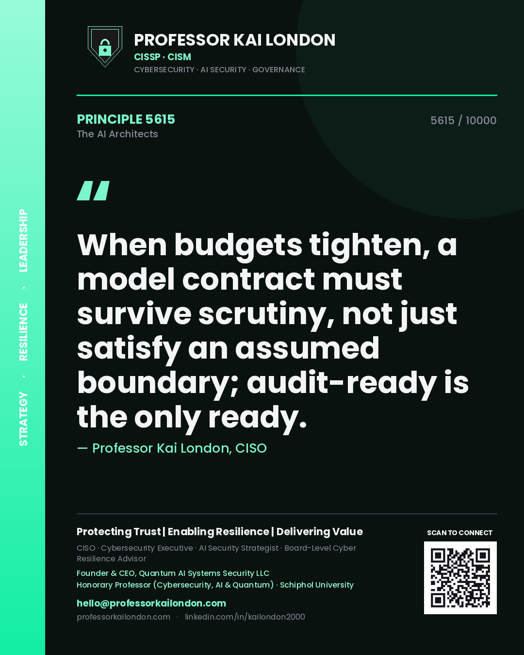Professor Kai London principle 5615: When budgets tighten, a model contract must survive scrutiny, not just satisfy an assumed boundary; audit-ready is the only ready.