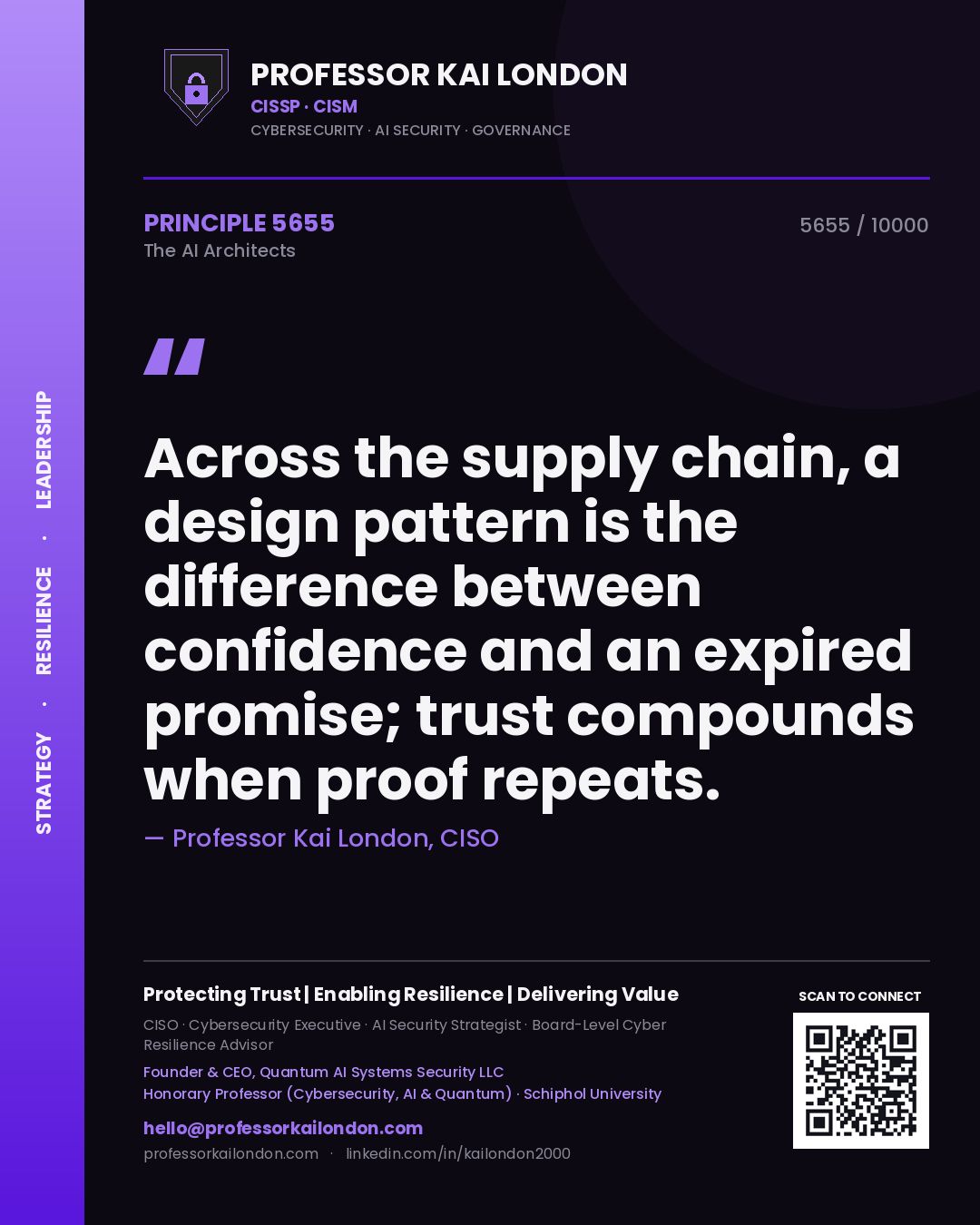 Professor Kai London principle 5655: Across the supply chain, a design pattern is the difference between confidence and an expired promise; trust compounds when proof repeats.