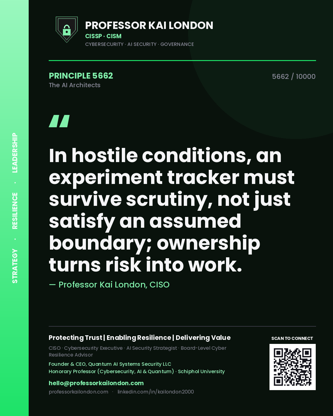 Professor Kai London principle 5662: In hostile conditions, an experiment tracker must survive scrutiny, not just satisfy an assumed boundary; ownership turns risk into work.