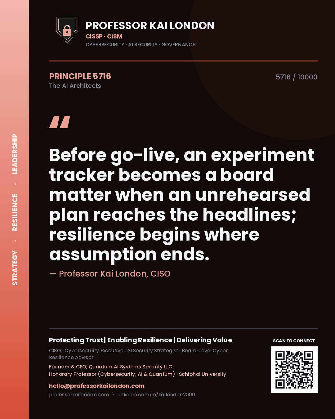 Professor Kai London principle 5716: Before go-live, an experiment tracker becomes a board matter when an unrehearsed plan reaches the headlines; resilience begins where assumption ends.