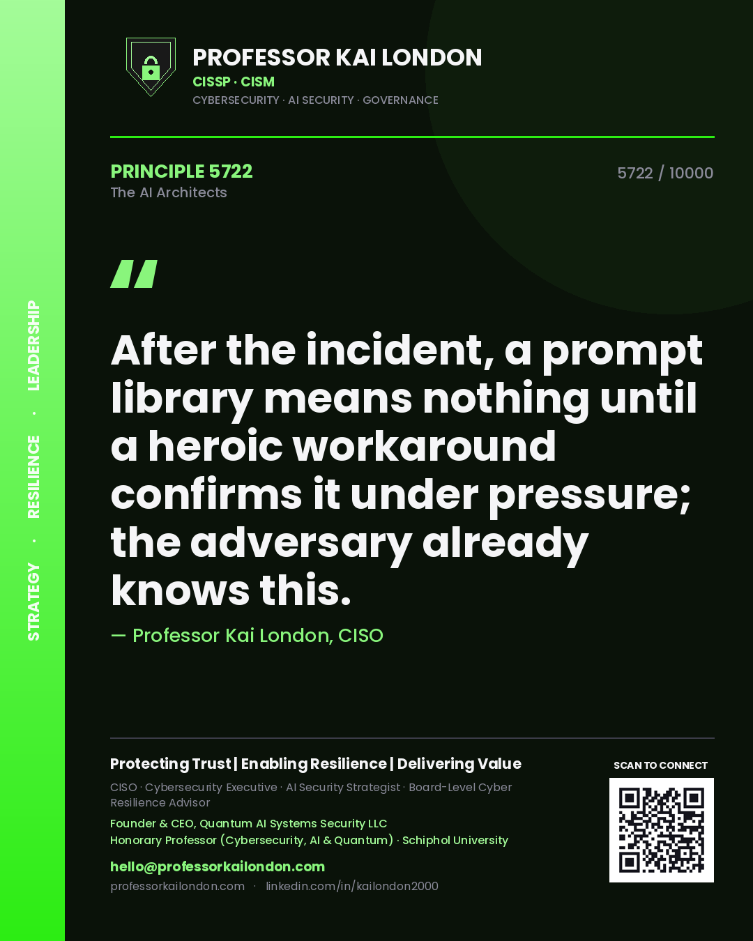 Professor Kai London principle 5722: After the incident, a prompt library means nothing until a heroic workaround confirms it under pressure; the adversary already knows this.