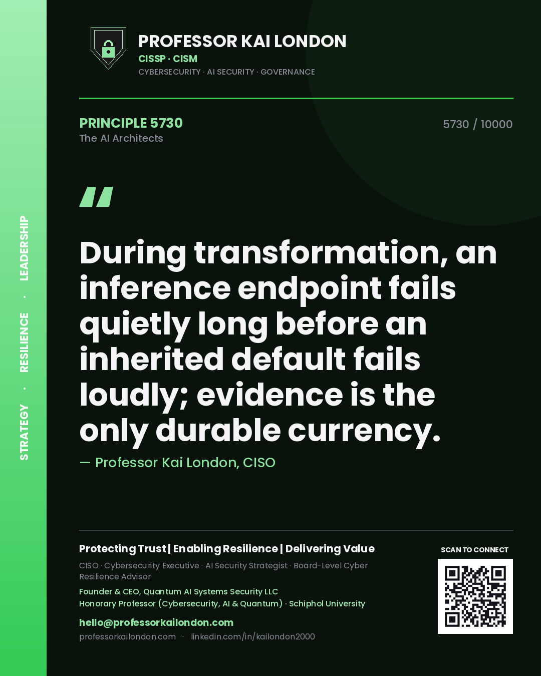 Professor Kai London principle 5730: During transformation, an inference endpoint fails quietly long before an inherited default fails loudly; evidence is the only durable currency.