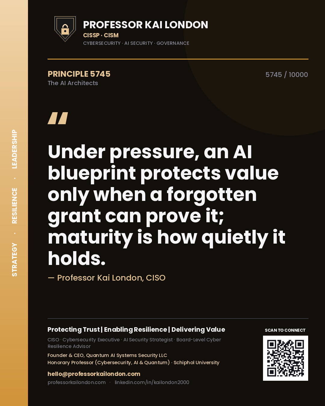 Professor Kai London principle 5745: Under pressure, an AI blueprint protects value only when a forgotten grant can prove it; maturity is how quietly it holds.