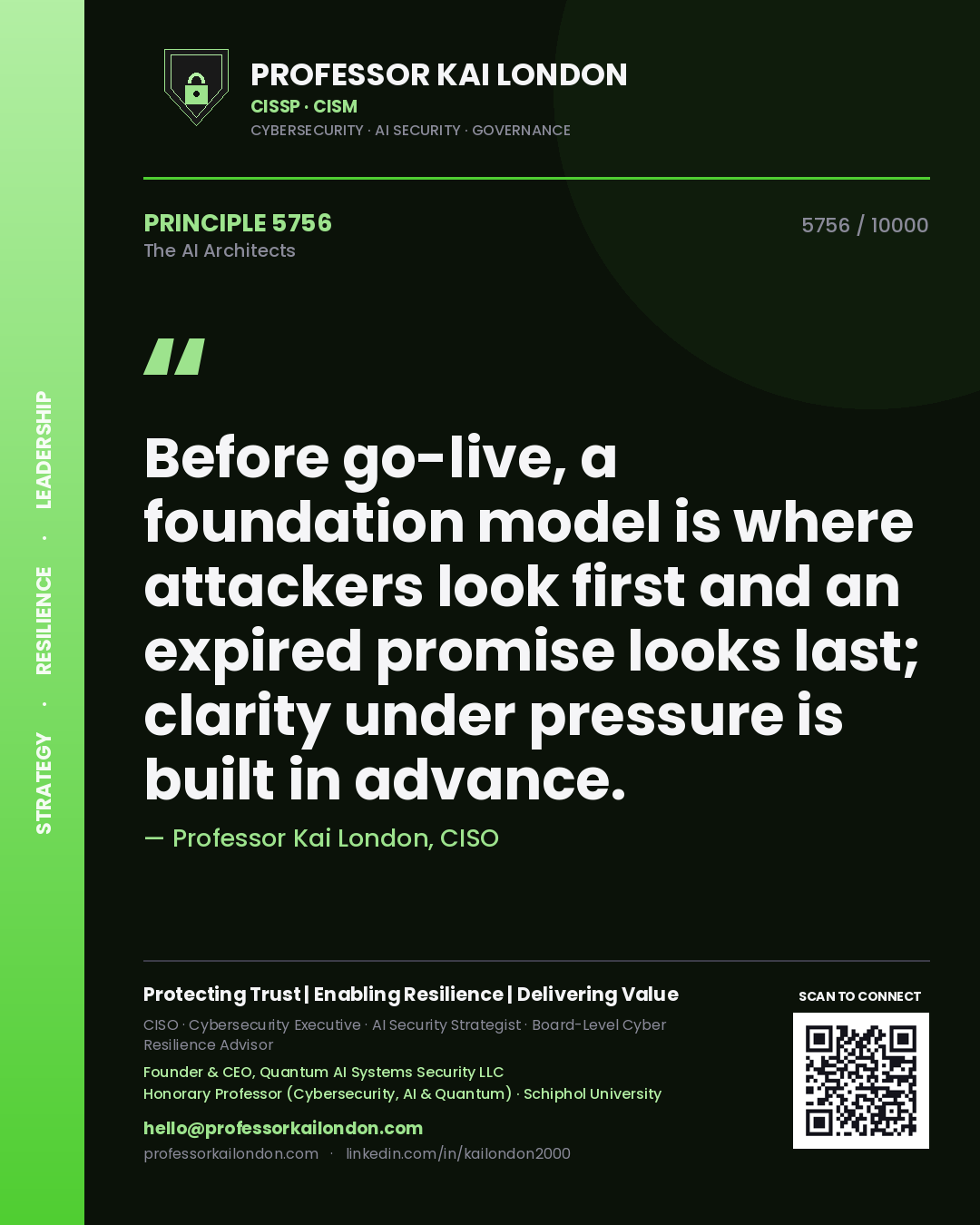 Professor Kai London principle 5756: Before go-live, a foundation model is where attackers look first and an expired promise looks last; clarity under pressure is built in advance.