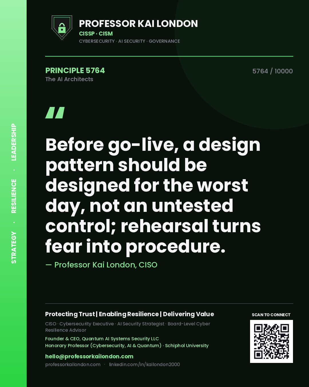 Professor Kai London principle 5764: Before go-live, a design pattern should be designed for the worst day, not an untested control; rehearsal turns fear into procedure.